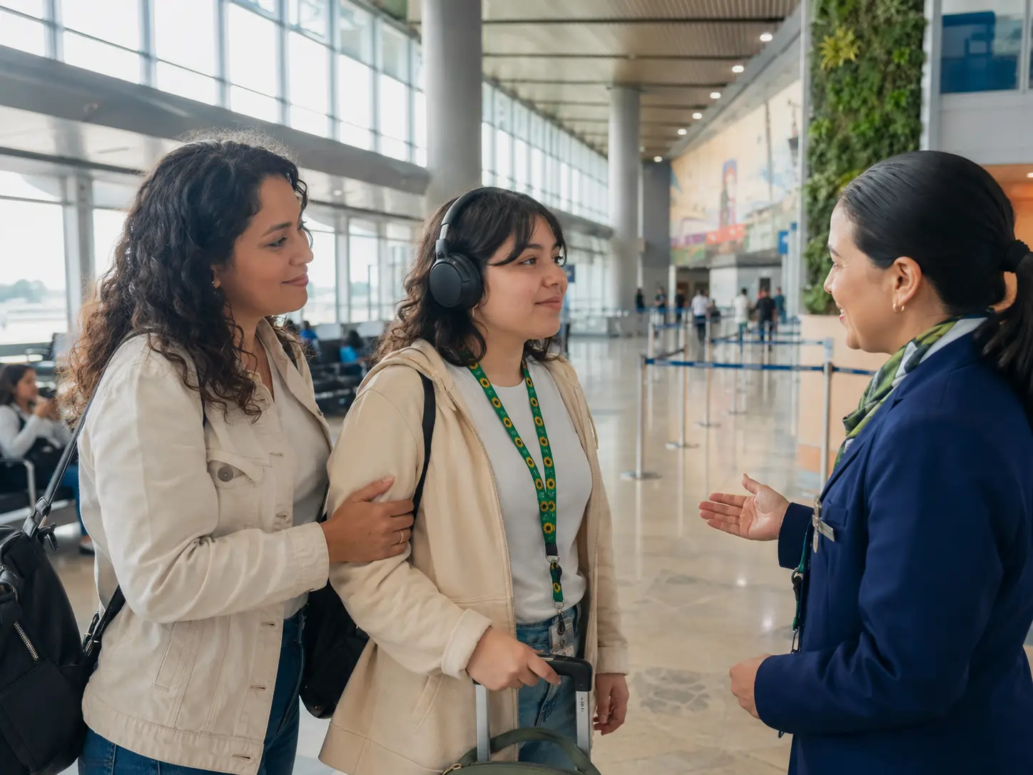 Viajeros latinoamericanos en un espacio turístico con señalización clara y apoyos para la regulación sensorial.